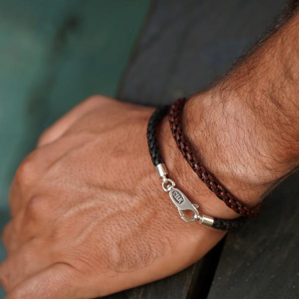 755BRN bracelet leather silver Male DOUBLE LINKED Collection